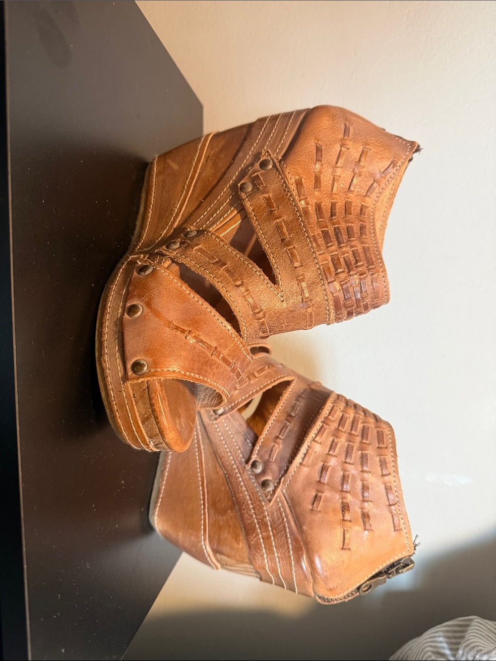 Bed Stu Tan Woven Leather Platform Sandals